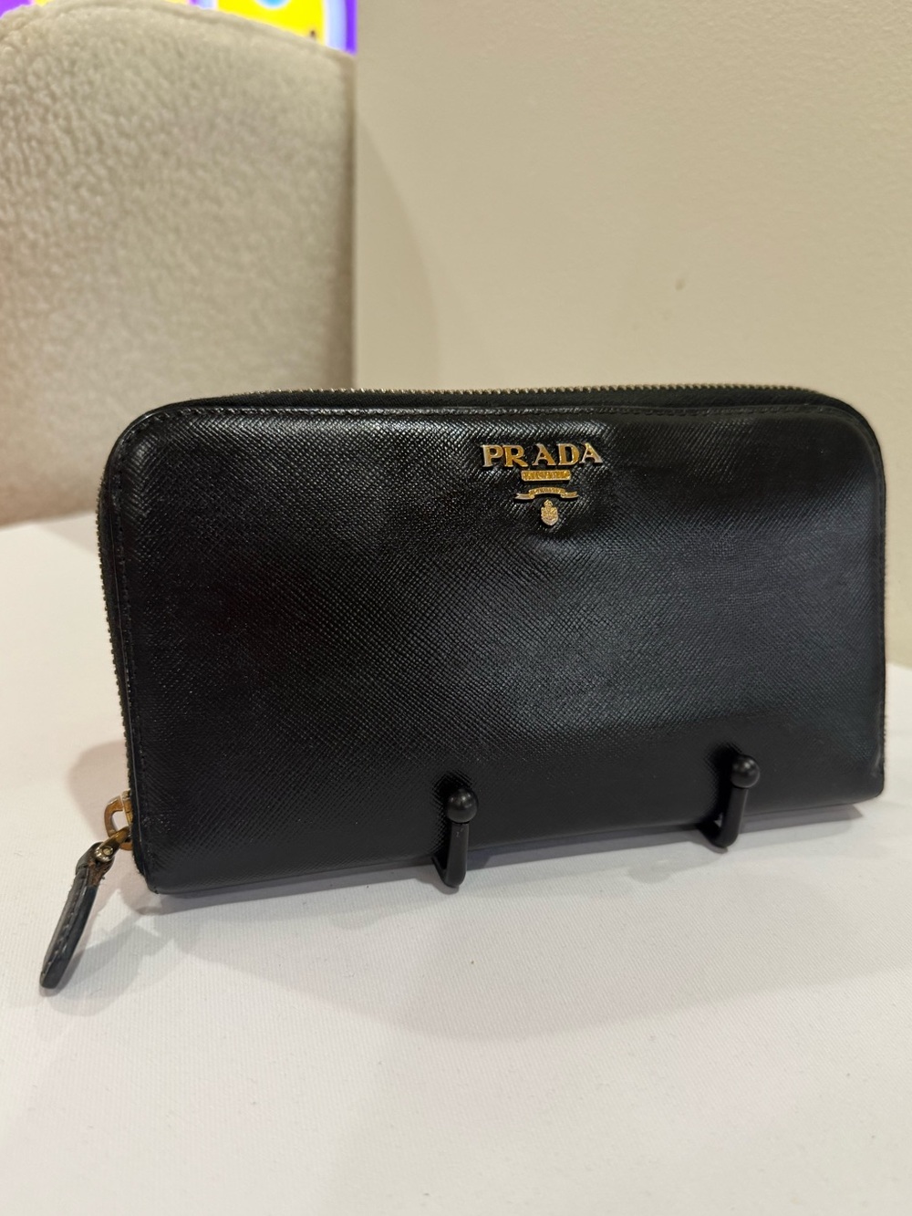 Prada Black Saffiano Leather Zip Wallet with Gold Logo
